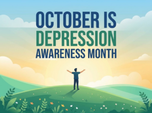 Illustration of a person standing on a sunrise hilltop with text reading October is Depression Awareness Month, representing outpatient depression care at Aliso Ridge Behavioral Health in Orange County.
